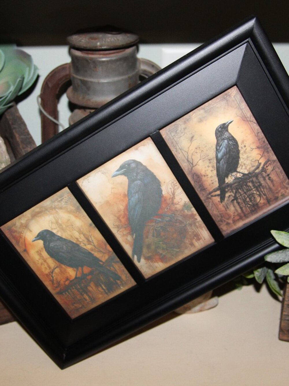 Dark Moody Gothic Raven Crow Black Bird Trio Rustic Farmhouse Framed Wall Decor